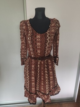 MANGO - klasyczna sukienka w brązach z paskiem - M