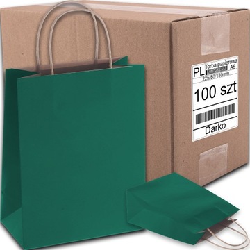 TORBA PAPIEROWA ZIELONA A5 225/80/180 100 SZT TOREBKA EKO NA PREZENT