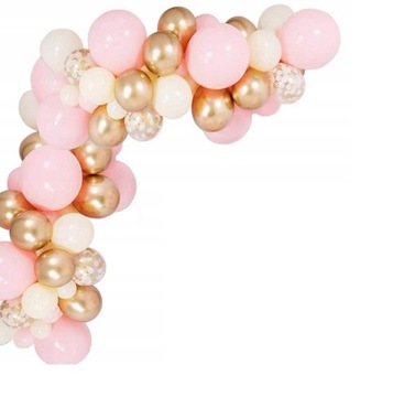 BALONY RÓŻOWE ZŁOTE konfetti GIRLANDA z taśmą ŁUK