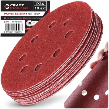 PAPIER ŚCIERNY NA RZEP 125 mm P24 KRĄŻEK Z OTWORAMI SZLIFIERKI ZESTAW 10szt
