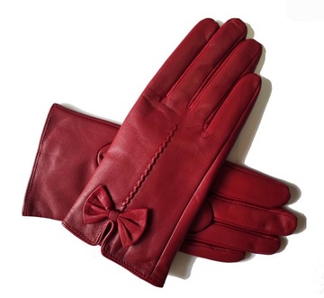 КОЖАНЫЕ ПЕРЧАТКИ ЖЕНСКИЕ, БАНТ, КРАСНЫЕ, XL