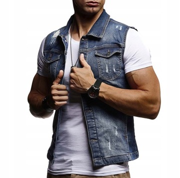 Мужской джинсовый узкий рваный жилет, XL