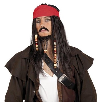 SUPER Peruka Męska Brązowa Piracka Jack 86343 z Wąsami i Chustą Pirata