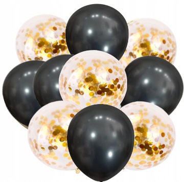 Balony ZŁOTE CZARNE CHROM konfetti ZESTAW 10 szt