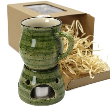 Zestaw prezentowy z ceramicznym kubkiem z podgrzewaczem Rustic green
