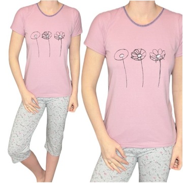 Piżama damska brudny róż spodnie 3/4 kwiaty polne XL