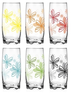 6x SZKLANKA 350ml Kwiaty KOLOROWE, LATO,WODA,SOKI