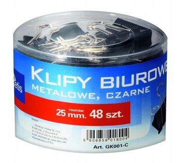 KLIPSY, SPINACZE BIUROWE DO PAPIERU, METALOWE DŁUGOSCI 25MM, CZARNE 48 SZT.