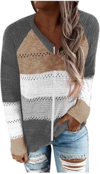 Kobiety Sweter Casual Patchwork V-Neck Długi Rękaw Zamek Sweter Sweter Top