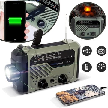 SOLARNE RADIO AWARYJNE AM/FM, KORBA RĘCZNA, ALARM SOS, LAMPA LED, POWERBANK