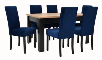 MODNY zestaw 6x granatowe krzesła AKSAMIT + duży stół ROZKŁADANY 80x140/180