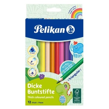 PELIKAN KREDKI WIELOKOLOROWE OŁÓWKOWE TRÓJKĄTNE ZESTAW 12 SZTUK