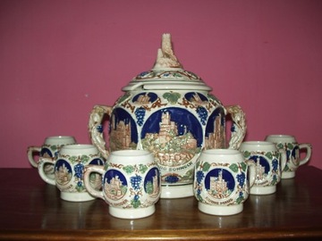 CERAMICZNA WAZA NA WINO, PONCZ + 6 KUFLI, KUBKÓW