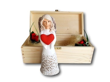 Anioł w drewnianym pudełku Aniołek Figurka PREZENT Komplet Gabrysia + decor