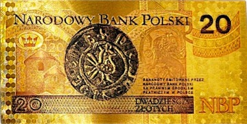 Красивая коллекционная позолоченная банкнота из ПВХ номиналом 20 злотых BOLESŁAW CHROBRY