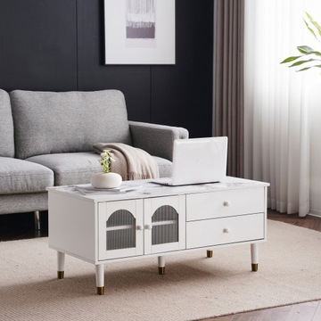 ELEGANCKI STOLIK KAWOWY O DŁUGOŚCI 100 CM, BIAŁY - MDF, BLAT MARMUROWY