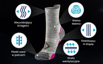 SKARPETY TREKKINGOWE Z WEŁNY MERYNOSÓW 90% MERINO WEŁNA TERMOAKTYWNE DŁ.3/4