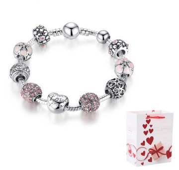 Bransoletka Srebrna Modułowa 20 cm Serce Koraliki Charms Beads Różowa