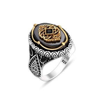 Luxurious 925K Onyx Stone Men's Silver Ring - Ottoman Style