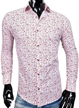 Koszula męska biała w czerwone drobne kwiaty taliowana EN657 r. 3XL