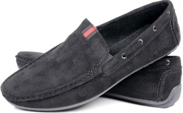 WYGODNE BUTY MĘSKIE MOKASYNY PÓŁBUTY WSUWANE CZARNE ZAMSZOWE WKŁADKA SKÓRA