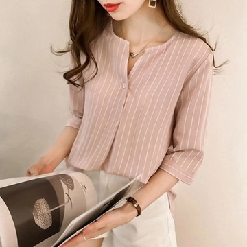 Women Shirt Striped Print V-neck 3/4 Sleeves V Nec