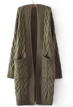 KARDIGAN SWETER DŁUGI PLECIONY Z KIESZENIĄ ZIELONY