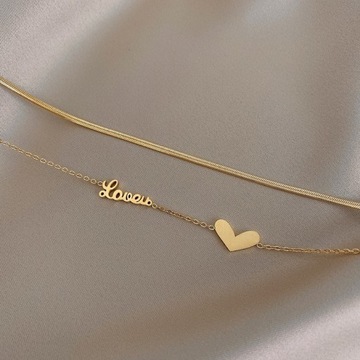Komplet Biżuterii Złotej 18k Łańcuszki Serce Napis Love Stal Chirurgiczna