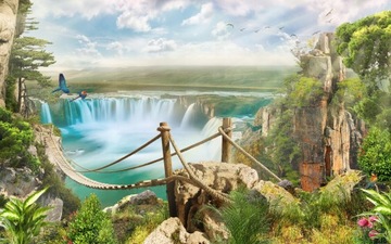 FOTOTAPETA 3d widoki zachód słońca most las drzewa