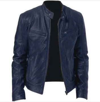 Fashion Mens Leather Jacket Slim Fit Stand Collar