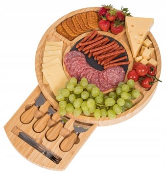 DESKA KOŁO PATERA DO SERÓW PRZYSTAWEK DESKA DO WĘDLIN PRZEKĄSEK ZESTAW NOŻY