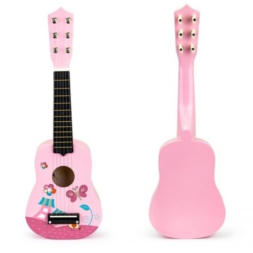 Gitara dla dzieci drewniana metalowe struny kostka- różowa ECOTOYS