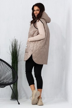 ЖИЛЕТ ЖЕНСКИЙ, СТЕГАНЫЕ РУКАВА, ДЛИННЫЙ КАПЮШОН, КОМФОРТНЫЙ, БЕЖЕВЫЙ 62 11XL
