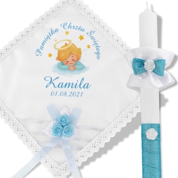 Biała SZATKA i ŚWIECA do Chrztu imię data WZORY
