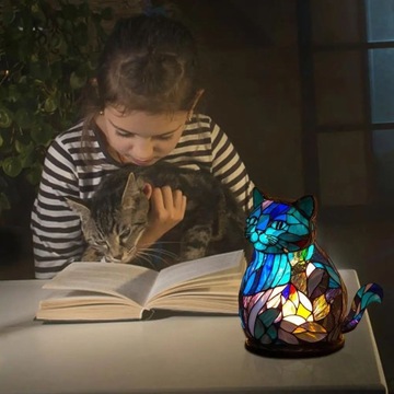 ДЕКОРАТИВНАЯ ЦВЕТНАЯ ЛАМПА КОШКА КОТЕНОК ВИТРАЖ