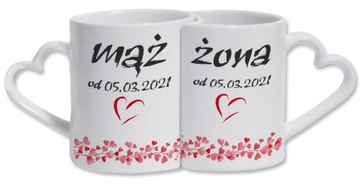 dwa kubki pasujące do siebie z uszkiem w kształcie serca z Waszym nadrukiem