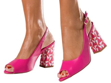 SANDAŁY DAMSKIE NA OZDOBNYM OBCASIE SŁUPKU SKÓRZANA WKŁADKA LEKKIE r 40