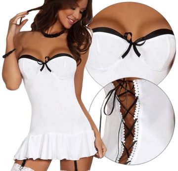 Urocza Sexy Koszulka SUKIENKA jak Gorset z Paskami do Ponczoch+ Stringi XXL