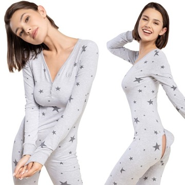 Piżama onesie kombinezon damski z klapką szare gwiazdki S