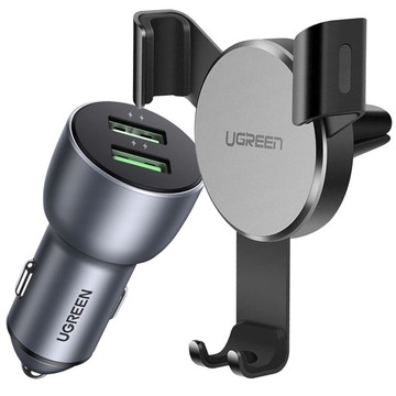 ŁADOWARKA SAMOCHODOWA UGREEN 2x USB QC 36W + UCHWYT GRAWITACYJNY NA KRATKĘ
