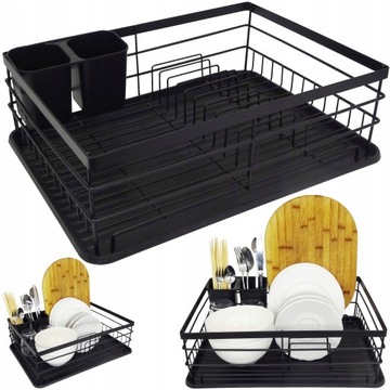 DUŻA SUSZARKA OCIEKACZ DO NACZYŃ CZARNA Z TACKĄ STOJĄCA NA NACZYNIA