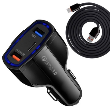 БЫСТРОЕ АВТОМОБИЛЬНОЕ ЗАРЯДНОЕ УСТРОЙСТВО 7000мА + USB-ТИП C КАБЕЛЬ QC 3.0 PD 20ВТ ЧЕРНЫЙ