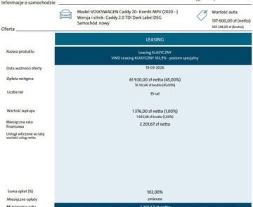 Volkswagen Caddy V Caddy 2.0 TDI 122KM 2025 Volkswagen Caddy 2.0 TDI 122 KM DSG r.o.2755 mm 2.0 Diesel 122KM, zdjęcie 1