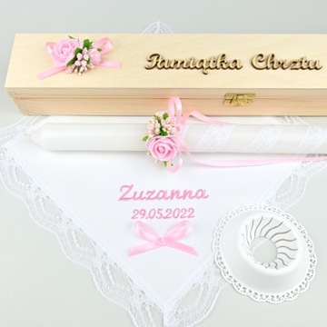 КРЕСТИТЕЛЬНЫЙ НАБОР ДЛЯ ДЕВОЧКИ - ВЫШИВКА, СВЕЧА, КОРОБКА, КАПЕЛЬНИК