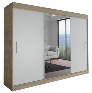 SZAFA MILAN - 3D 210 CM - SONOMA + BIAŁA (1x lustro) - garderoba z uchwytem