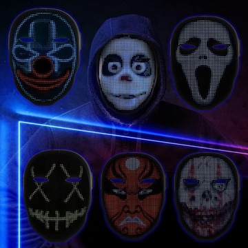 MASKA ZMIENNA NA HALLOWEEN LED ŚWIECĄCA PROGRAMOWALNA APP KONTROLA GEST