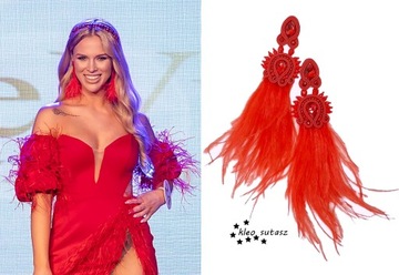 KOLCZYKI SUTASZ CZERWONE PIÓRA PIÓRKA DŁUGIE BOHO