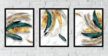 НАБОР ИЗОБРАЖЕНИЯ В РАМКЕ А3х3 ЗОЛОТЫЕ ЛИСТЬЯ ПЕРЬЯ В РАМКЕ