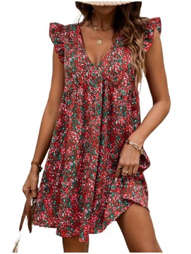 SUKIENKA LETNIA PLAŻOWA BOHO ZWIEWNA MINI W KWIATY LUŹNA, XXL