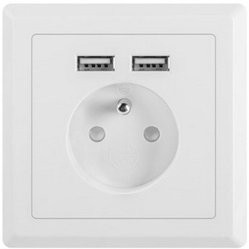 Gniazdko pojedyncze 230V KONTAKT z Bolcem uziemieniem BIAŁE + 2x USB 2.1A
